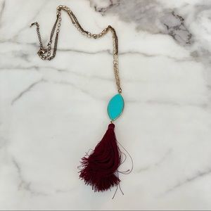 17’ chain necklace with blue pendant and maroon fringe tassel